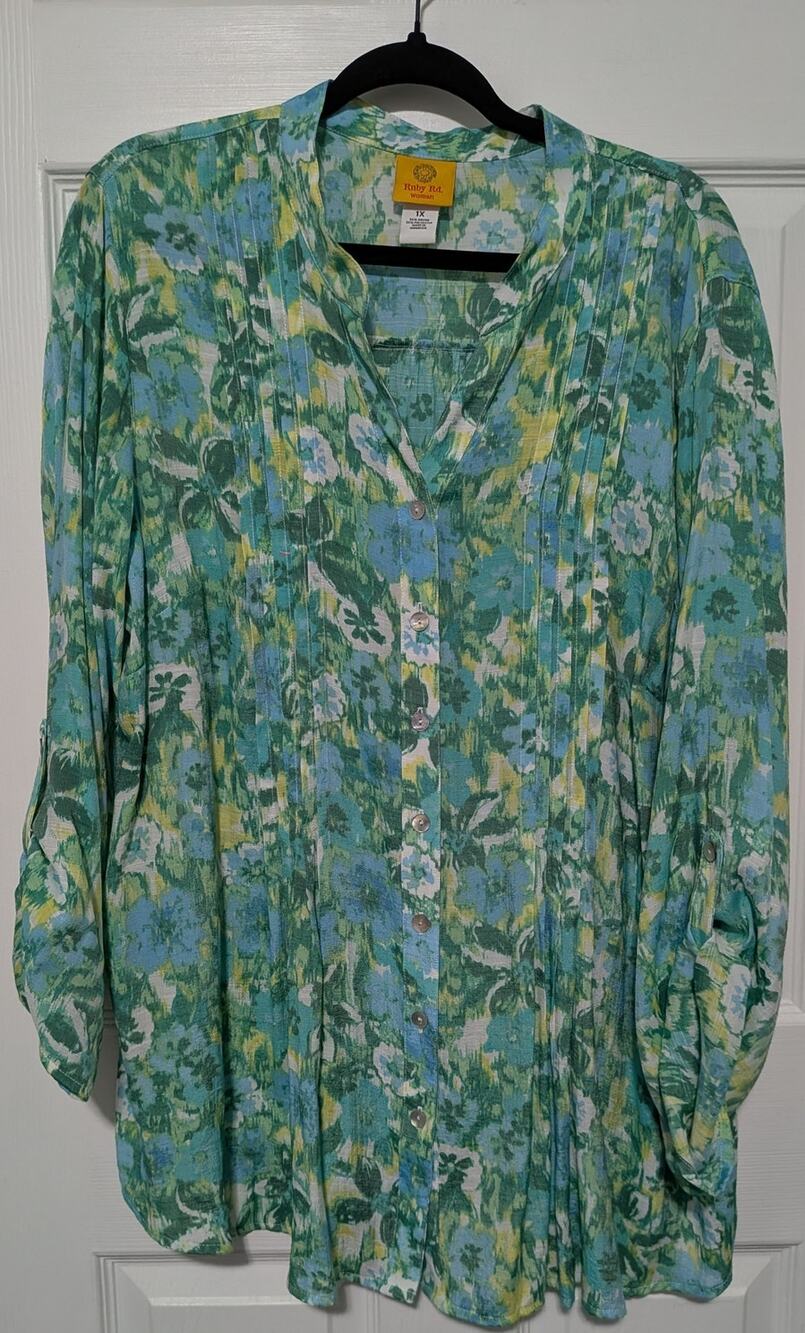 Ruby Rd Plus Size 1X Blue Green Floral Pintuck Blouse Roll Tab Sleeve Shirt
